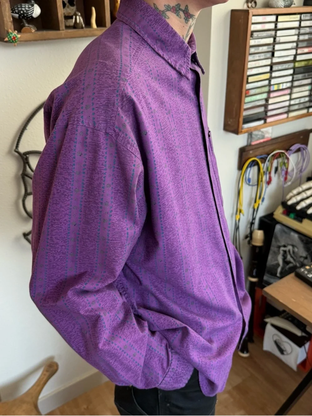 Vintage 80s Purple Abstract Striped L/S Button Down Shirt ~ Size Large - Picture 4 of 7
